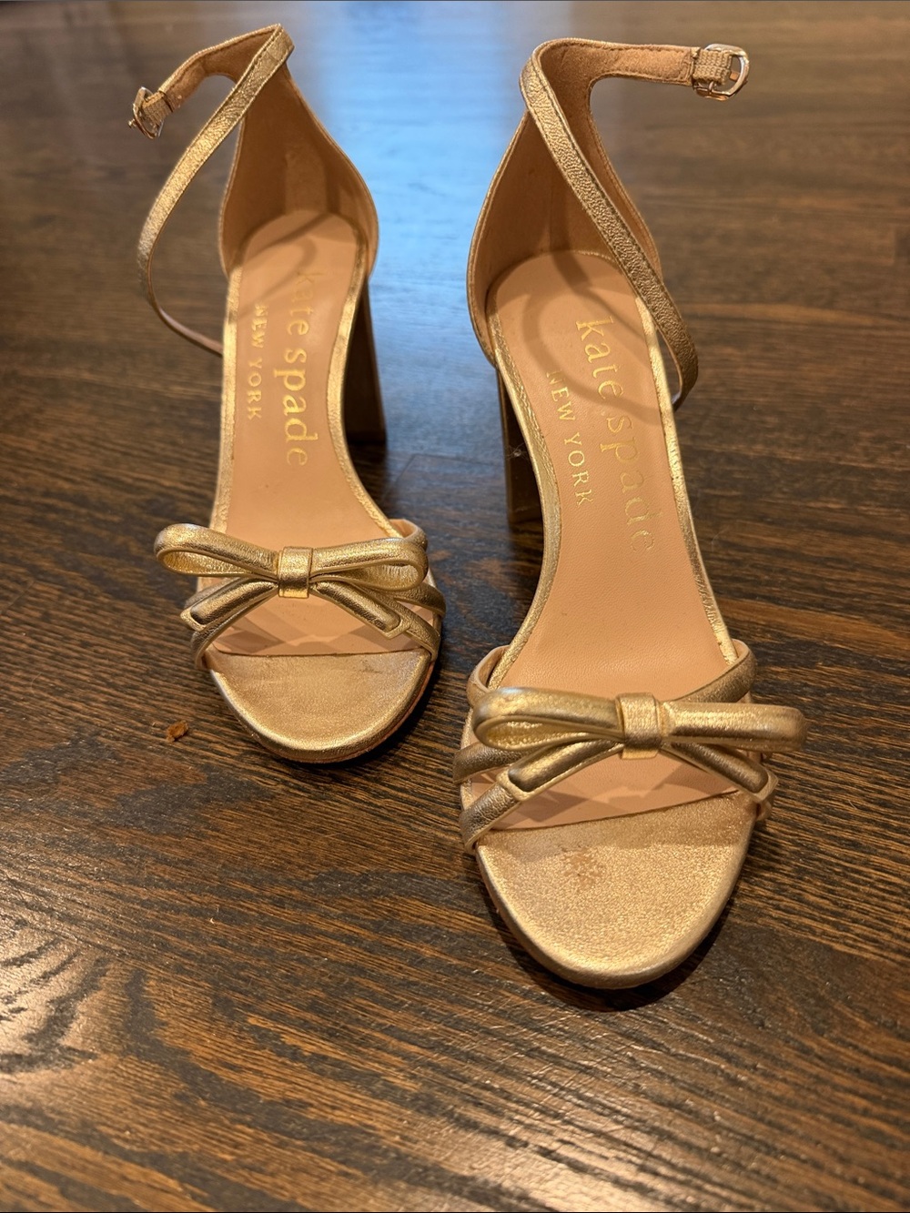 kate spade Metallic Gold Bow Ankle-Strap Block Heels